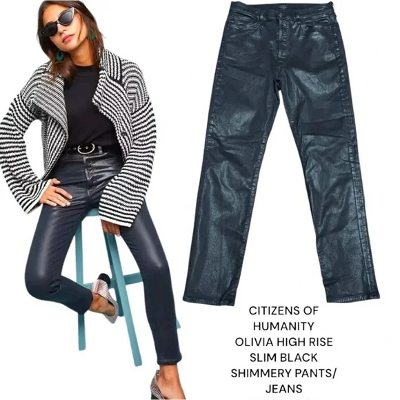 Citizens of Humanity Waxed Olivia Hi Rise Slim Black Shimmery Jeans Pants Sz 27 - Picture 5 of 16